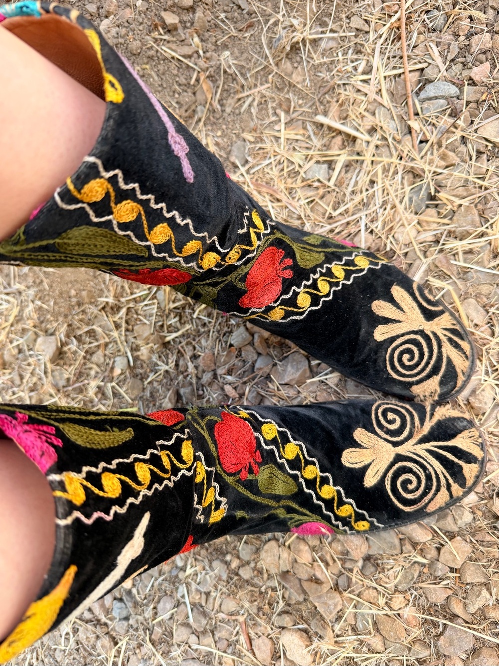 Black Embroidered Floral Knee Boots - Women Accessories velvet
